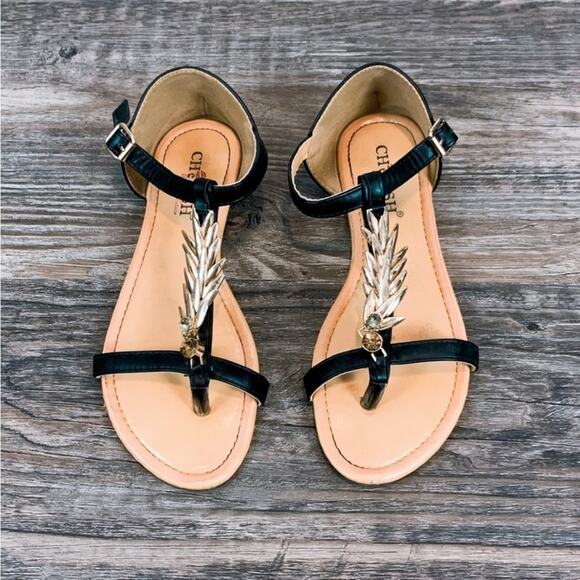 Strappy flat sandals black & gold leather ankle strap boho bohemian - Picture 1 of 9